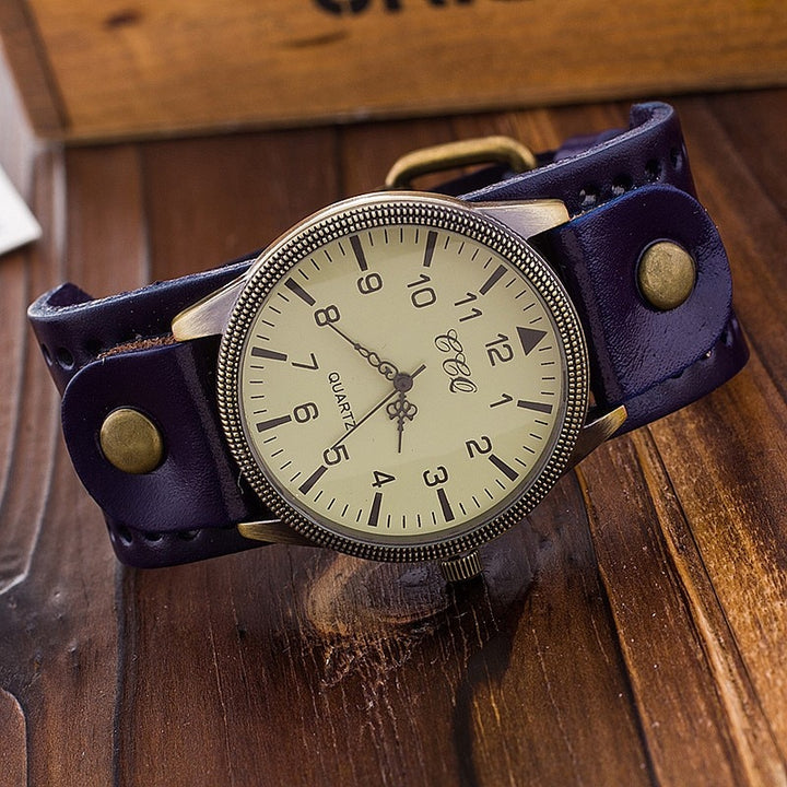 Vintage Style Large Dial with Thick Leather Strap Quartz Watches