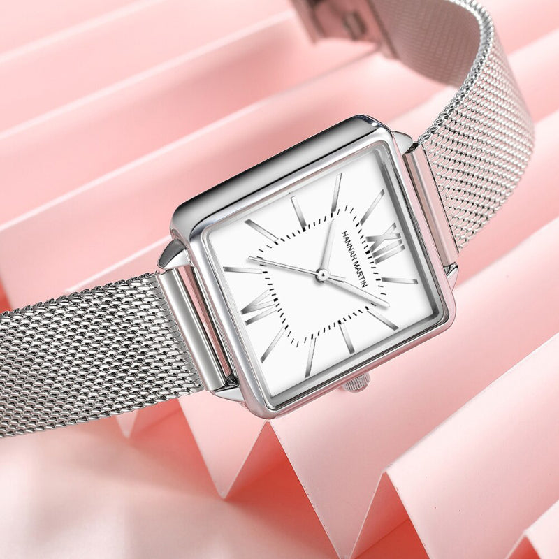 Stainless Steel Mesh Strap on Square Dial Luxury Watch for Women