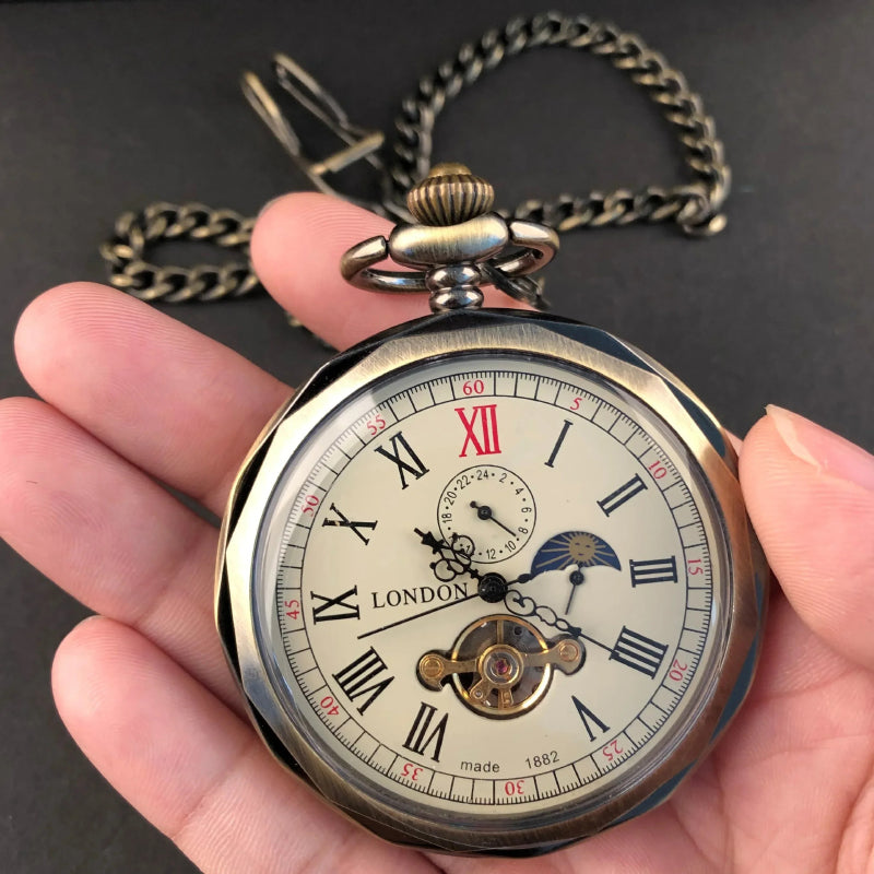 Astral Elegance Mechanical Moon Dial Unisex Pocket Watch