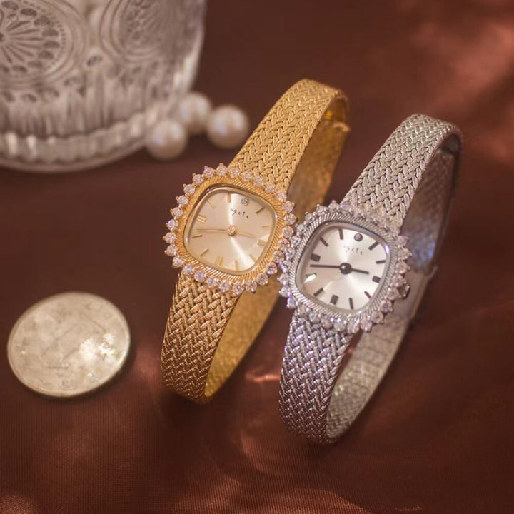 Rhinestone Studded Dial with Braided Mesh Strap Watch