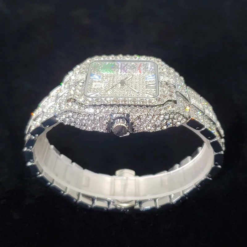 Luxury Iced Out Square Design with Colorful Numbers Quartz Watch