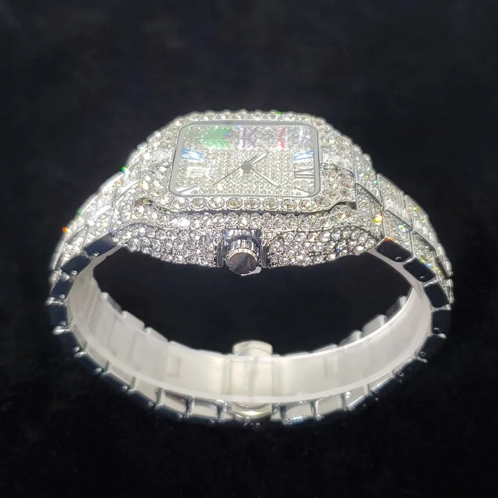 Luxury Iced Out Square Design with Colorful Numbers Quartz Watch