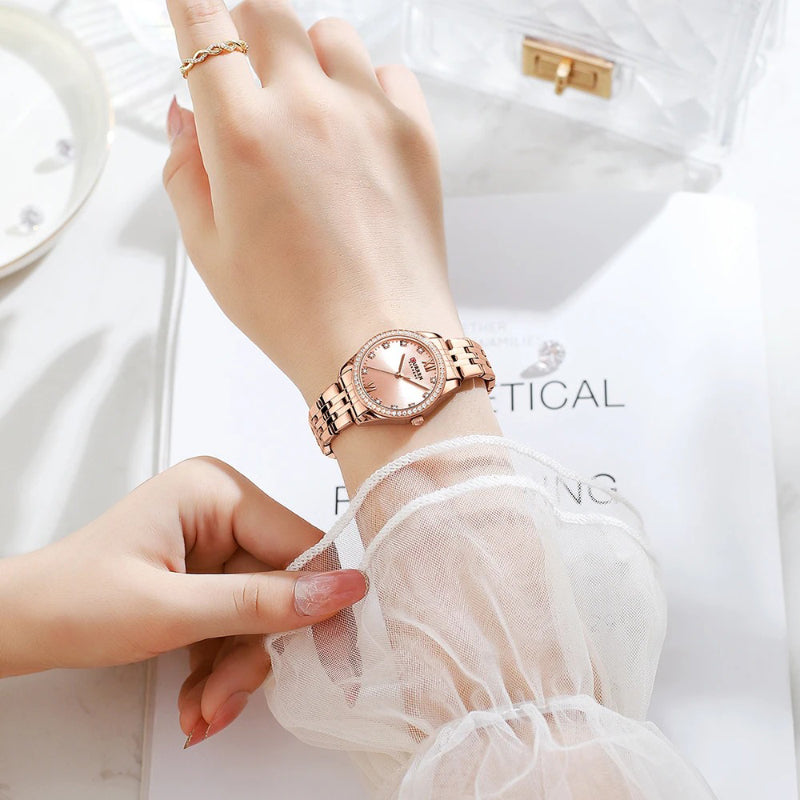 Women's Rhinestone Accented Quartz Watch with Sword-Shaped Pointer