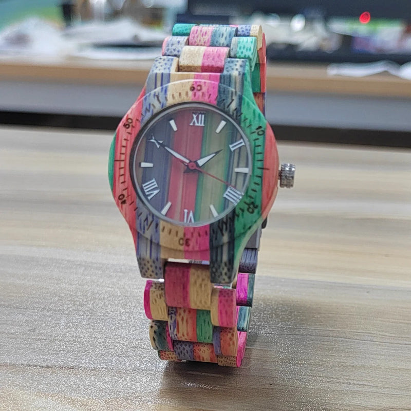 Colorful Bamboo Strap Roman Numerals Dial Quartz Watch