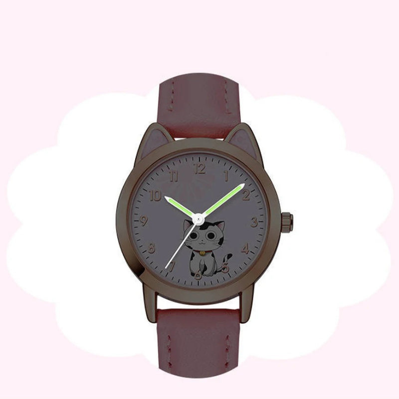Cute Cat Dial Design Kid's Quartz Watch with Easy-to-Read Time Display