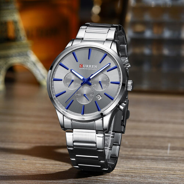 Sleek and Classic Chronograph Dial Display Stainless Steel Watch for Men