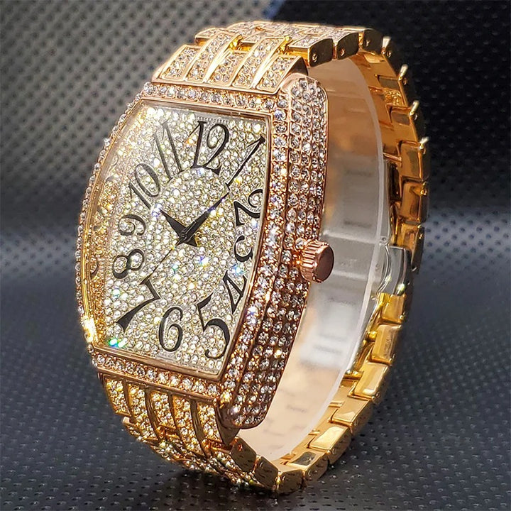 Deluxe Tonneau Shape Rhinestone Studded Stainless Steel Quartz Watch
