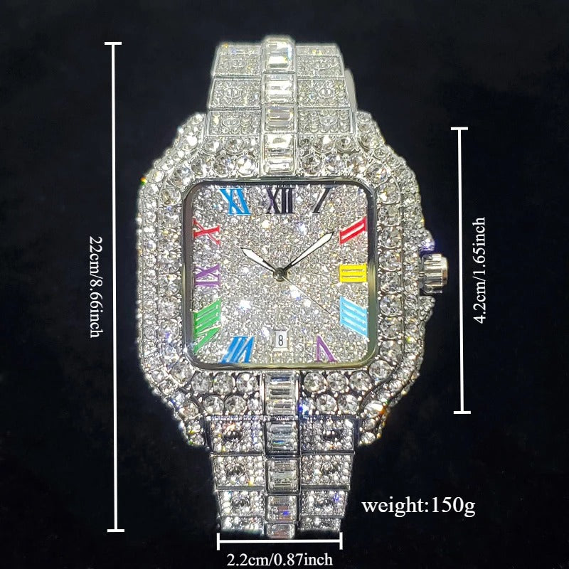 Luxury Iced Out Square Design with Colorful Numbers Quartz Watch