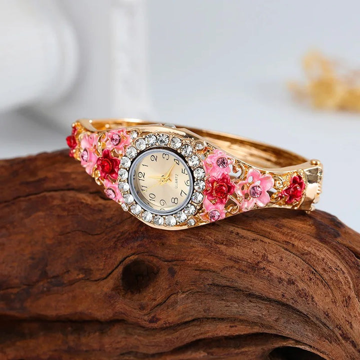 Glamorous Rhinestone Flower Decor Quartz Watch for Women