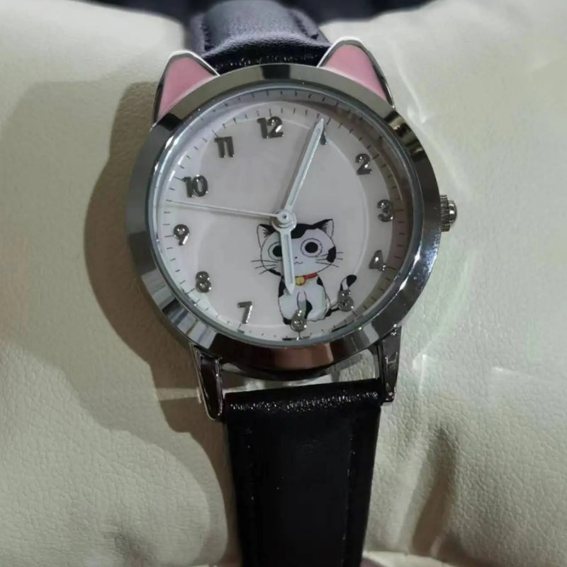 Cute Cat Dial Design Kid's Quartz Watch with Easy-to-Read Time Display