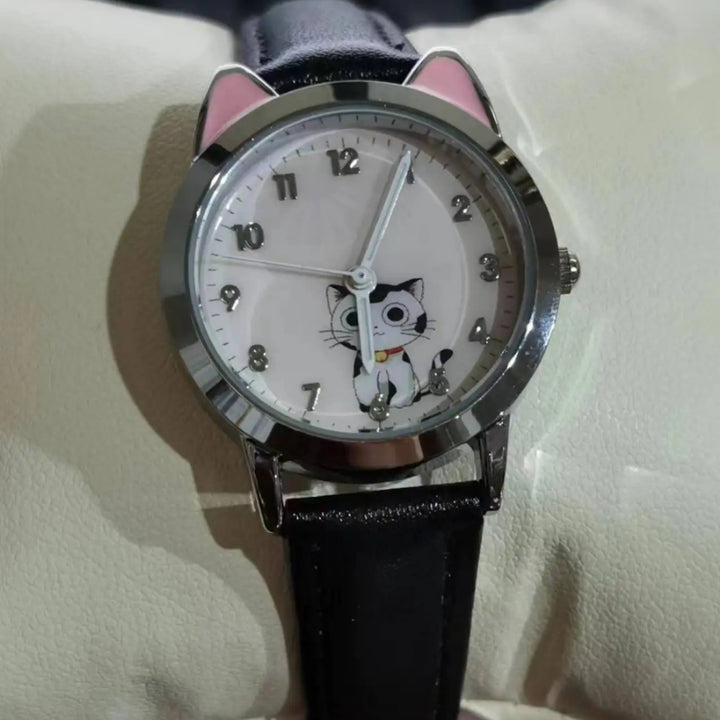 Cute Cat Dial Design Kid's Quartz Watch with Easy-to-Read Time Display