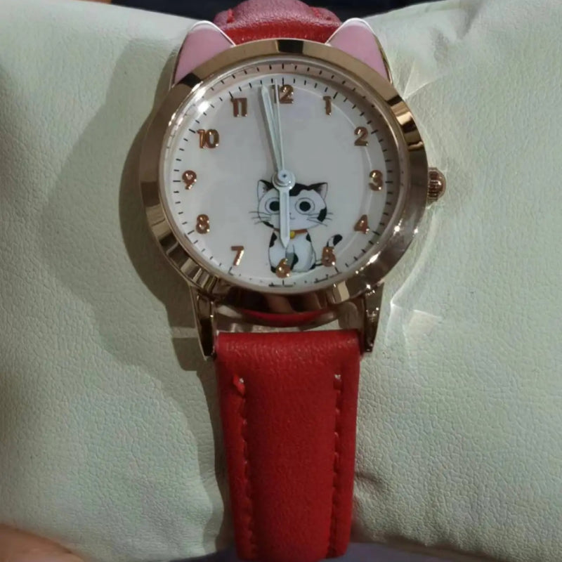 Cute Cat Dial Design Kid's Quartz Watch with Easy-to-Read Time Display