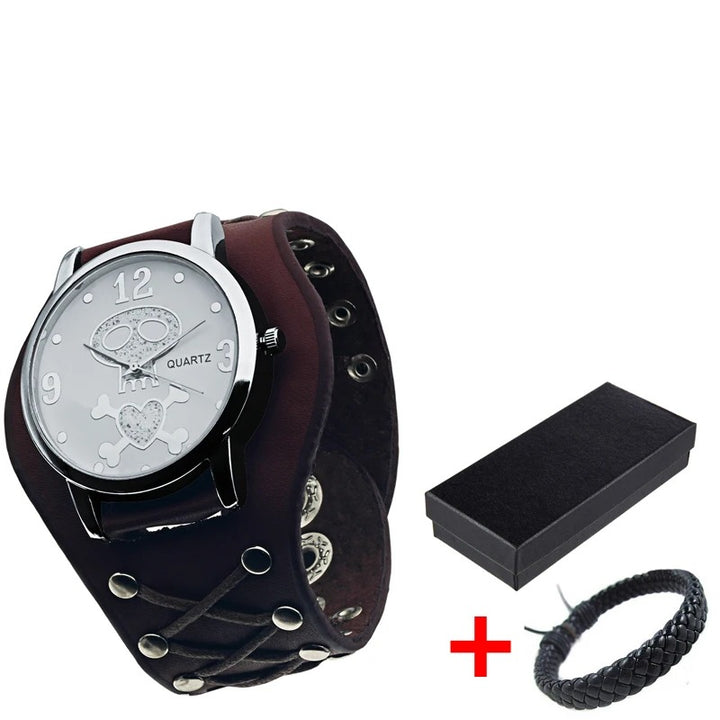 Edgy Gothic Skull Design Leather Strap Quartz Wristwatch