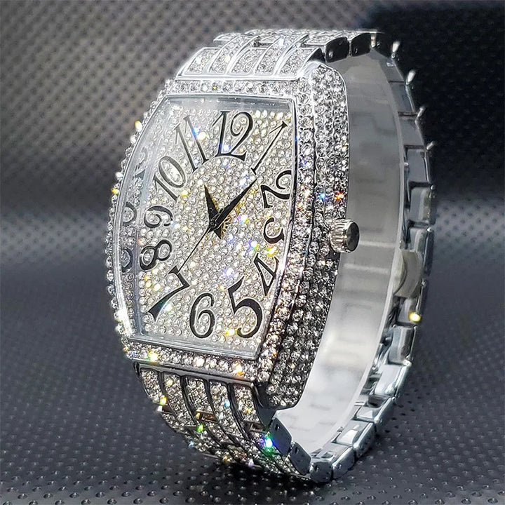 Deluxe Tonneau Shape Rhinestone Studded Stainless Steel Quartz Watch
