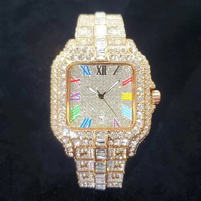 Luxury Iced Out Square Design with Colorful Numbers Quartz Watch