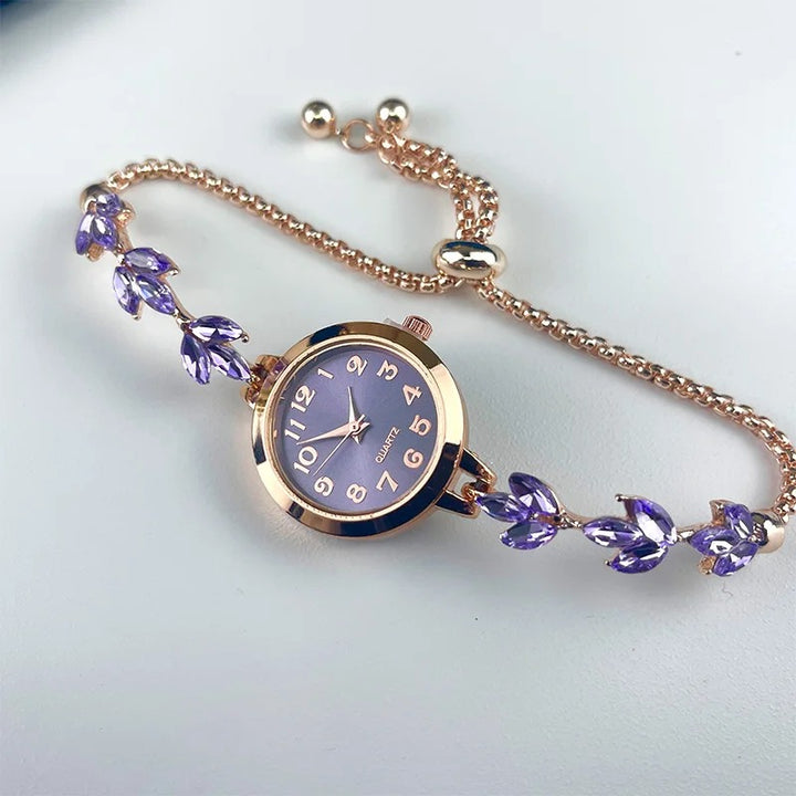 Chic Leaf Design Crystal-Encrusted Quartz Watch for Women