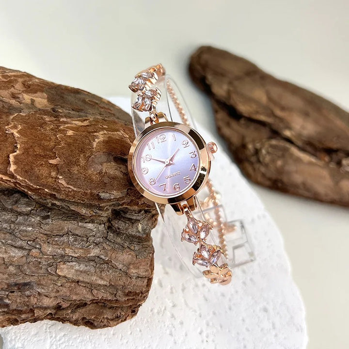Chic Leaf Design Crystal-Encrusted Quartz Watch for Women
