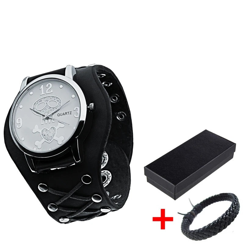 Edgy Gothic Skull Design Leather Strap Quartz Wristwatch