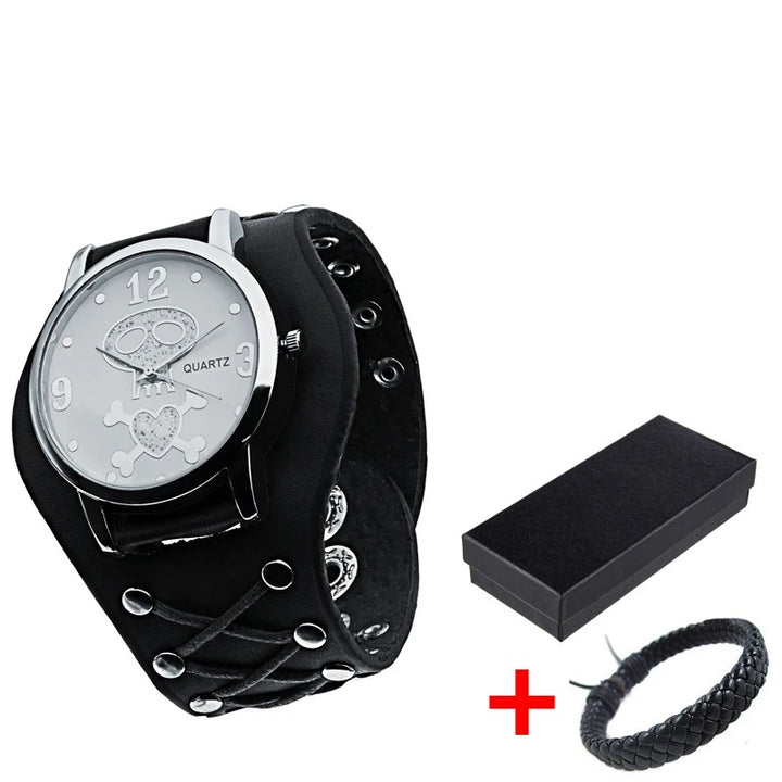 Edgy Gothic Skull Design Leather Strap Quartz Wristwatch