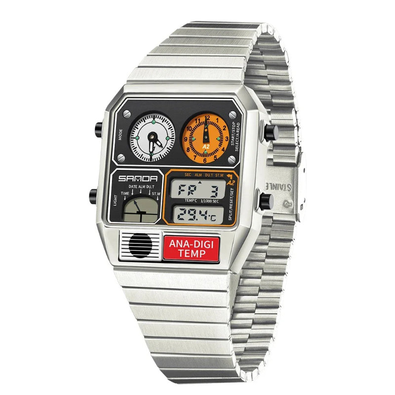 Retro Men's Digital Analog Watch with Triple Time Display