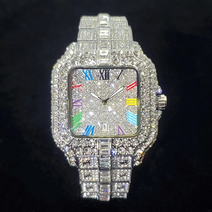 Luxury Iced Out Square Design with Colorful Numbers Quartz Watch