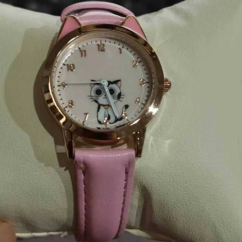 Cute Cat Dial Design Kid's Quartz Watch with Easy-to-Read Time Display