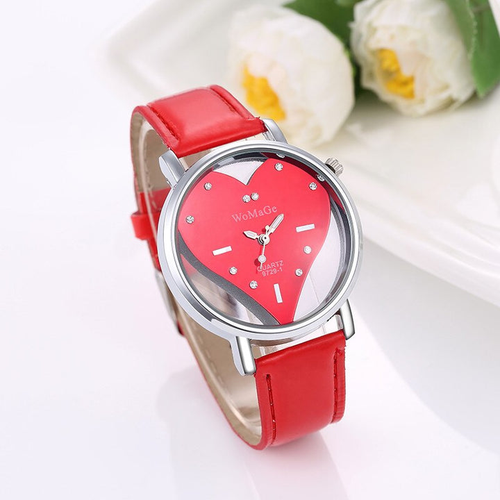 Romantic Heart Shaped Dial Display Quartz Watch for Women