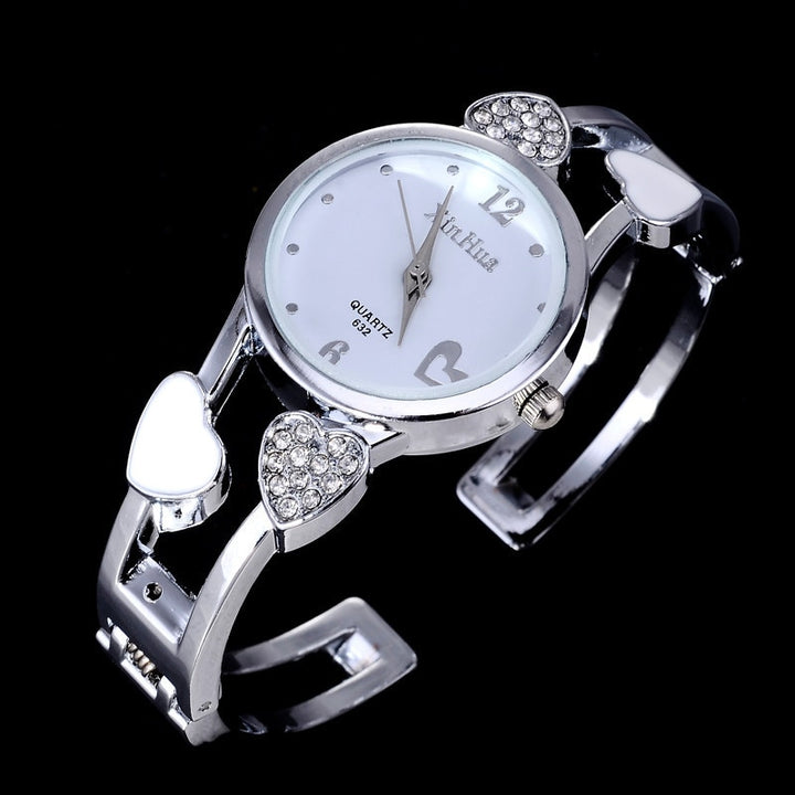 Black and White Rhinestone Hearts Bangle Bracelet Quartz Watches