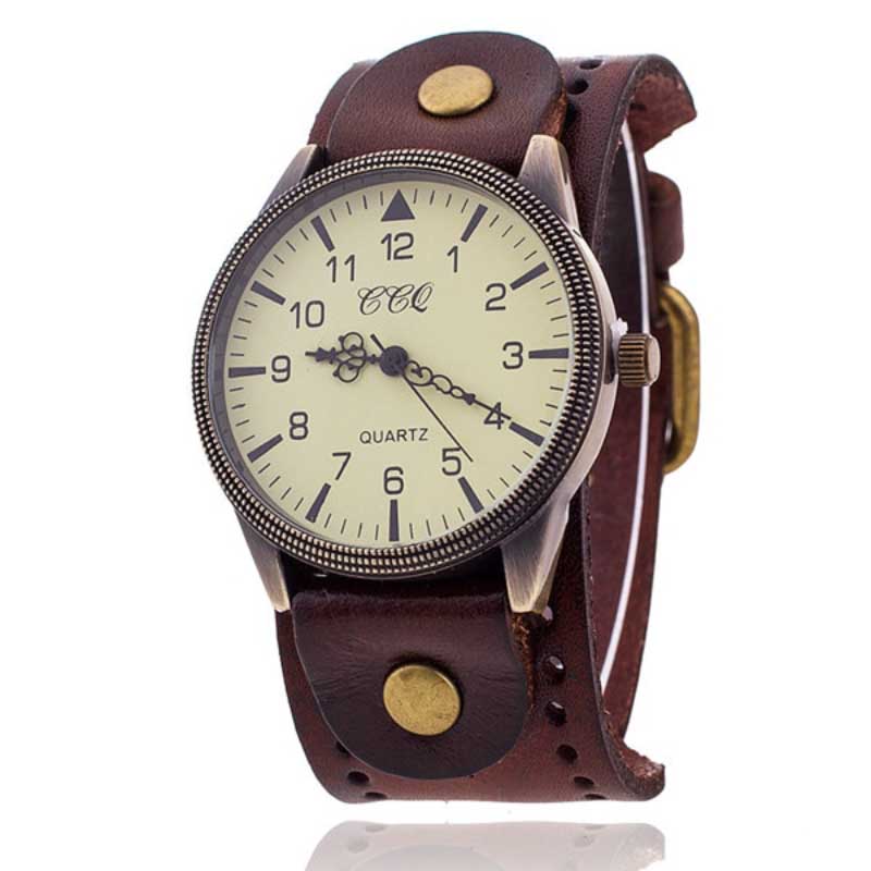 Vintage Style Large Dial with Thick Leather Strap Quartz Watches