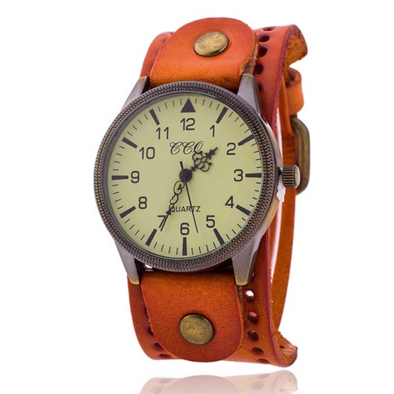 Vintage Style Large Dial with Thick Leather Strap Quartz Watches