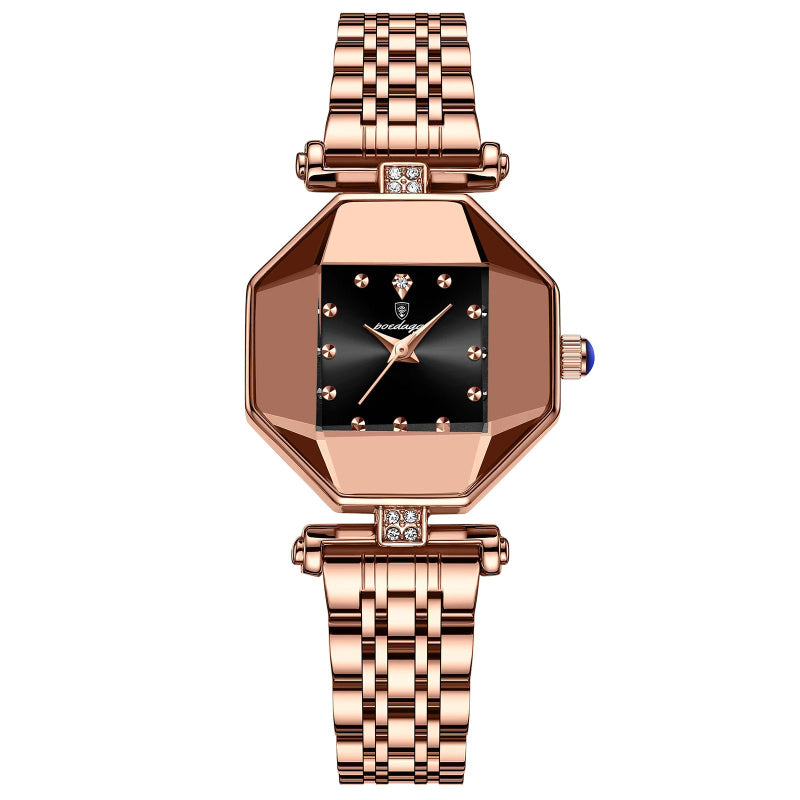 Luxurious Geometric Dial Stainless Steel Quartz Watch for Women