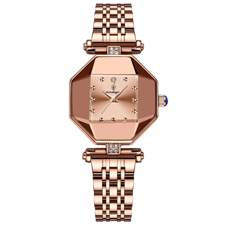 Luxurious Geometric Dial Stainless Steel Quartz Watch for Women