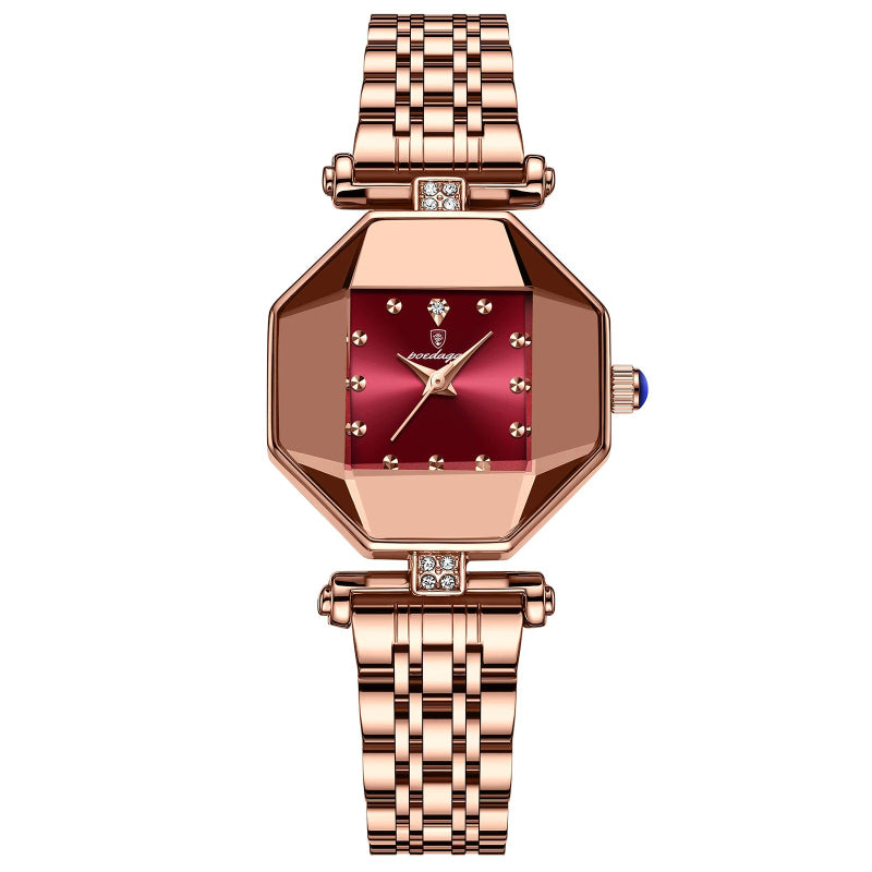 Luxurious Geometric Dial Stainless Steel Quartz Watch for Women