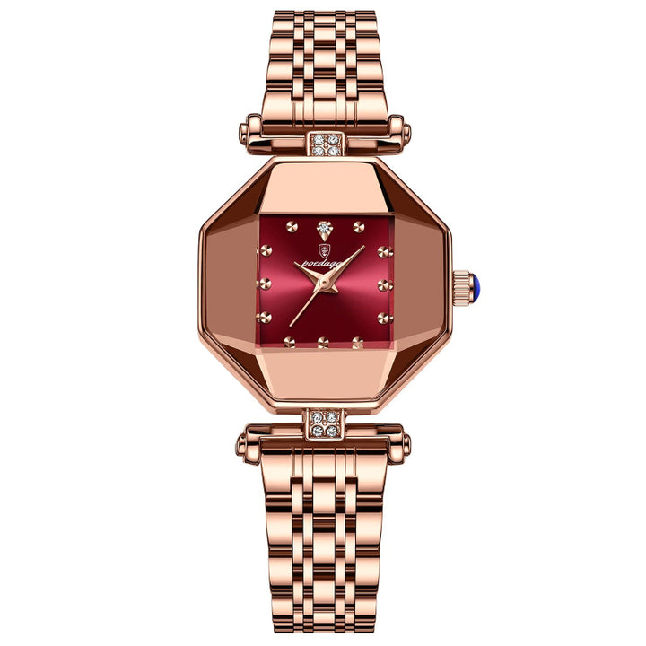 Luxurious Geometric Dial Stainless Steel Quartz Watch for Women