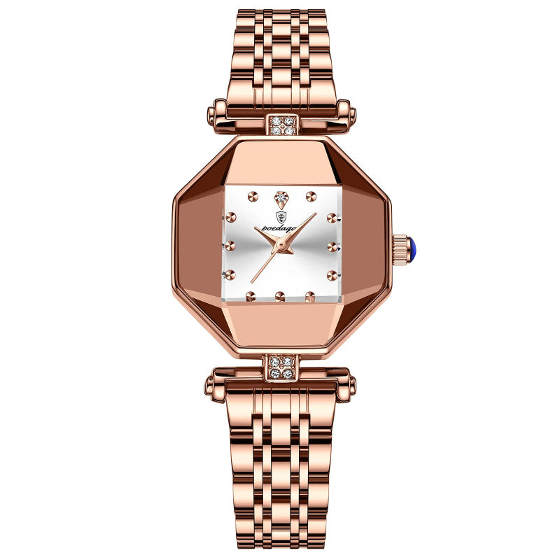 Luxurious Geometric Dial Stainless Steel Quartz Watch for Women