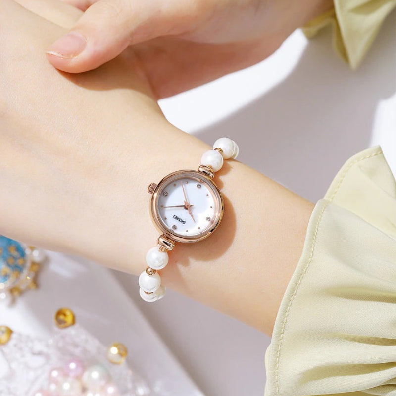 Romantic Pearl Beaded Quartz Watch Bracelet for Women