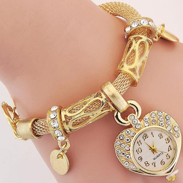 Rhinestone Love Heart Pendant Bracelet Chronograph Quartz Watches