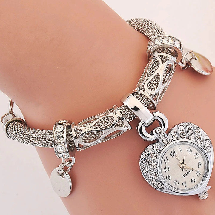 Rhinestone Love Heart Pendant Bracelet Chronograph Quartz Watches