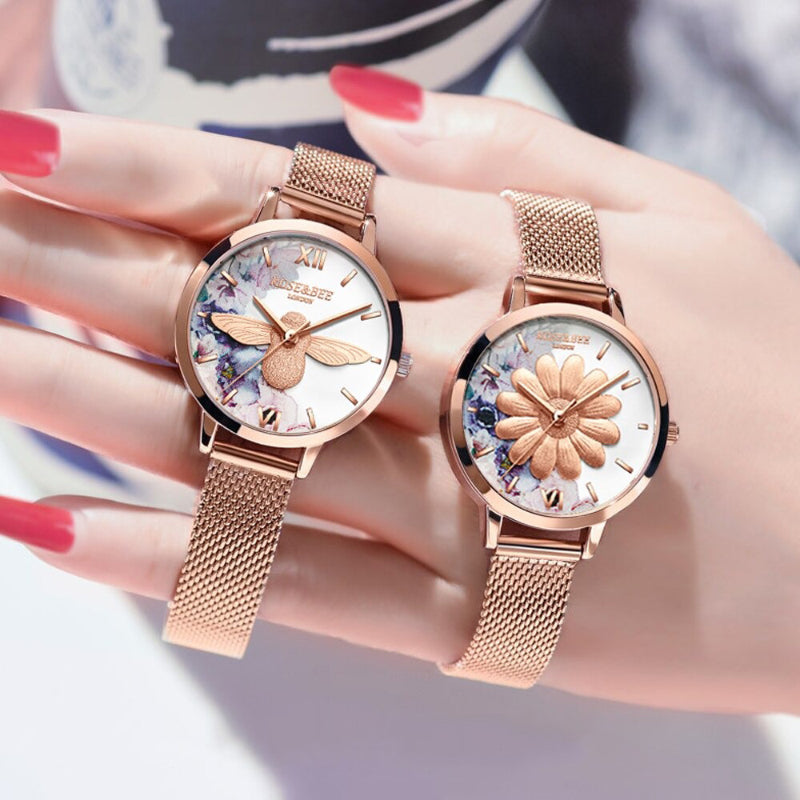 Romantic and Sweet Style Floral and Bee Dial Quartz Watches