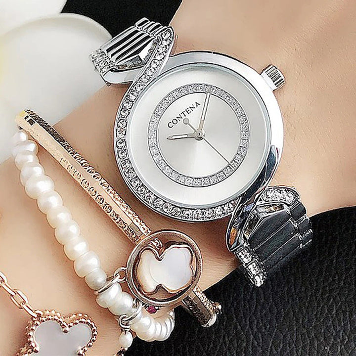 Stainless Steel Rhinestone Bejeweled Round Case Quartz Watches