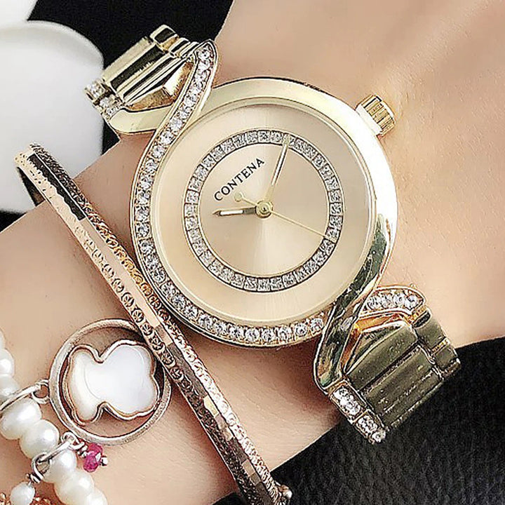 Stainless Steel Rhinestone Bejeweled Round Case Quartz Watches