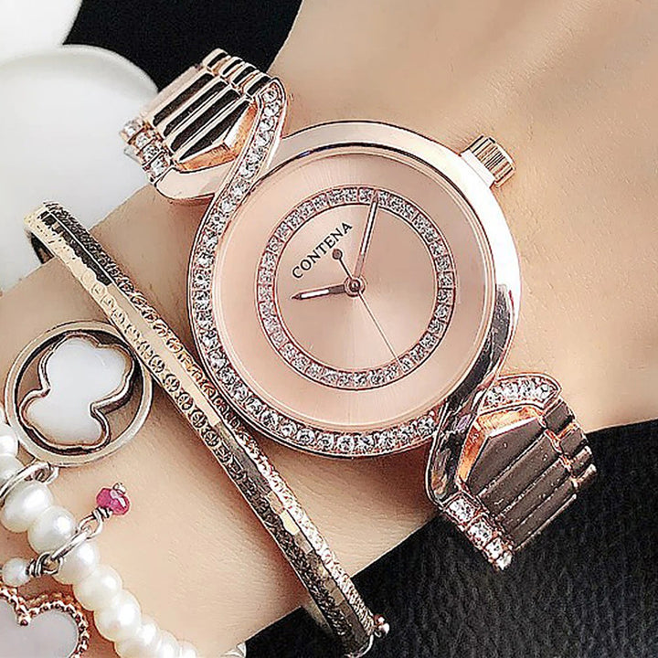 Stainless Steel Rhinestone Bejeweled Round Case Quartz Watches