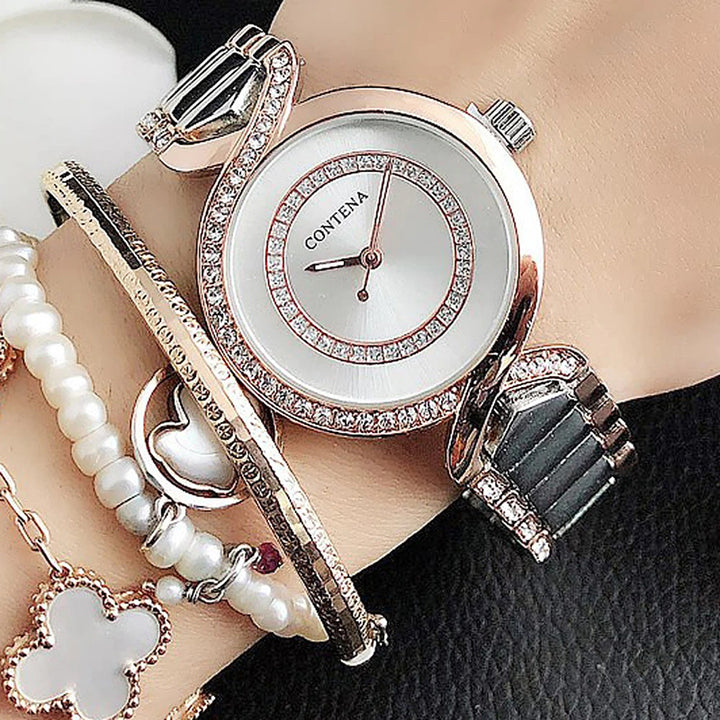 Stainless Steel Rhinestone Bejeweled Round Case Quartz Watches