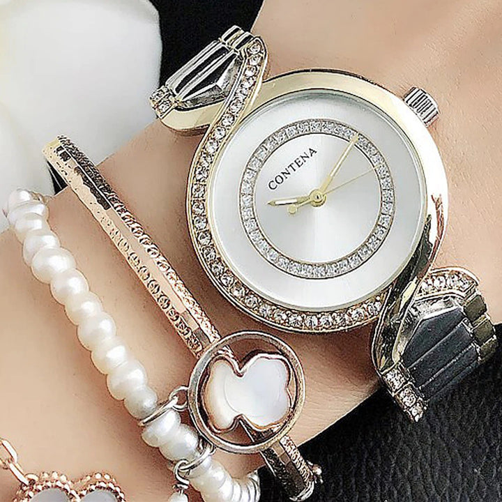 Stainless Steel Rhinestone Bejeweled Round Case Quartz Watches