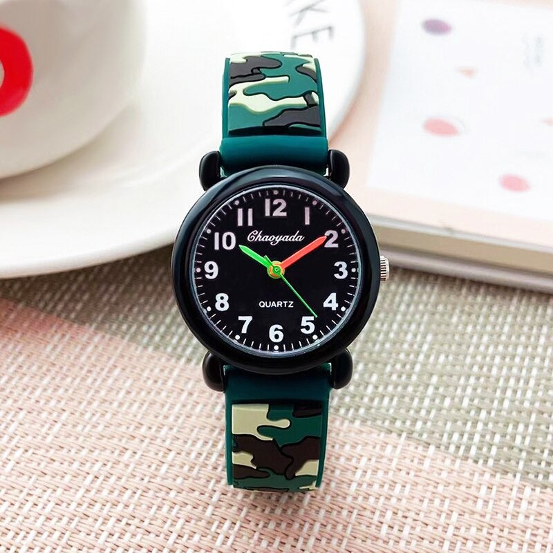 Cool Water-Resistant Watches with Camouflage Silicone Strap For Boys