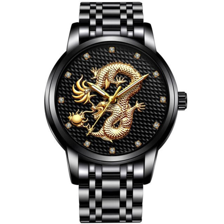 Golden Dragon with Rhinestone Accented Dial in Stainless Steel Strap Quartz Watches