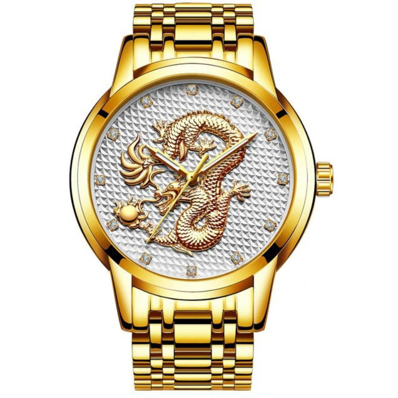 Golden Dragon with Rhinestone Accented Dial in Stainless Steel Strap Quartz Watches