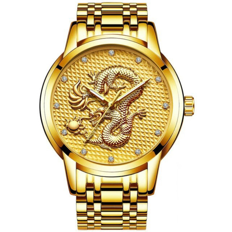 Golden Dragon with Rhinestone Accented Dial in Stainless Steel Strap Quartz Watches