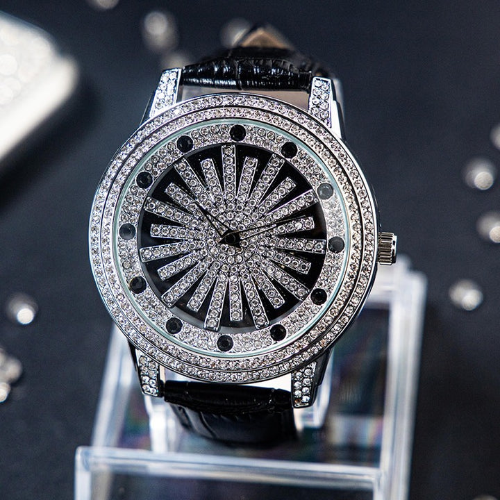 Dazzling Interstellar Rhinestone Bejeweled with Soft Vegan Leather Strap Quartz Watches