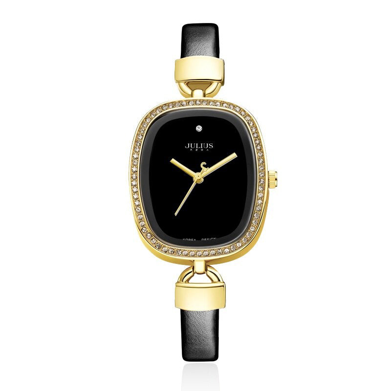 Classy Rhinestone Adorned Numberless Dial with Thin Vegan Leather Strap Quartz Watches